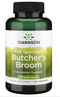 Thumbnail para Swanson Butcher's Broom es un suplemento dietético disponible en 100 cápsulas, cada una de las cuales contiene 470 mg.