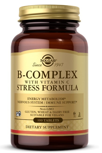Solgar Complejo B con Vitamina C 100 Comprimidos, una fórmula contra el estrés y suplemento dietético.