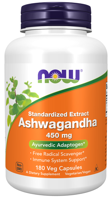 Un frasco de Now Foods Extracto de Ashwagandha 450 mg 180 Cápsulas Vegetales.