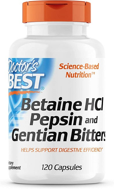 Doctor's Best Betaína HCL Pepsina & Genciana Amarga, complemento alimenticio en 120 cápsulas.