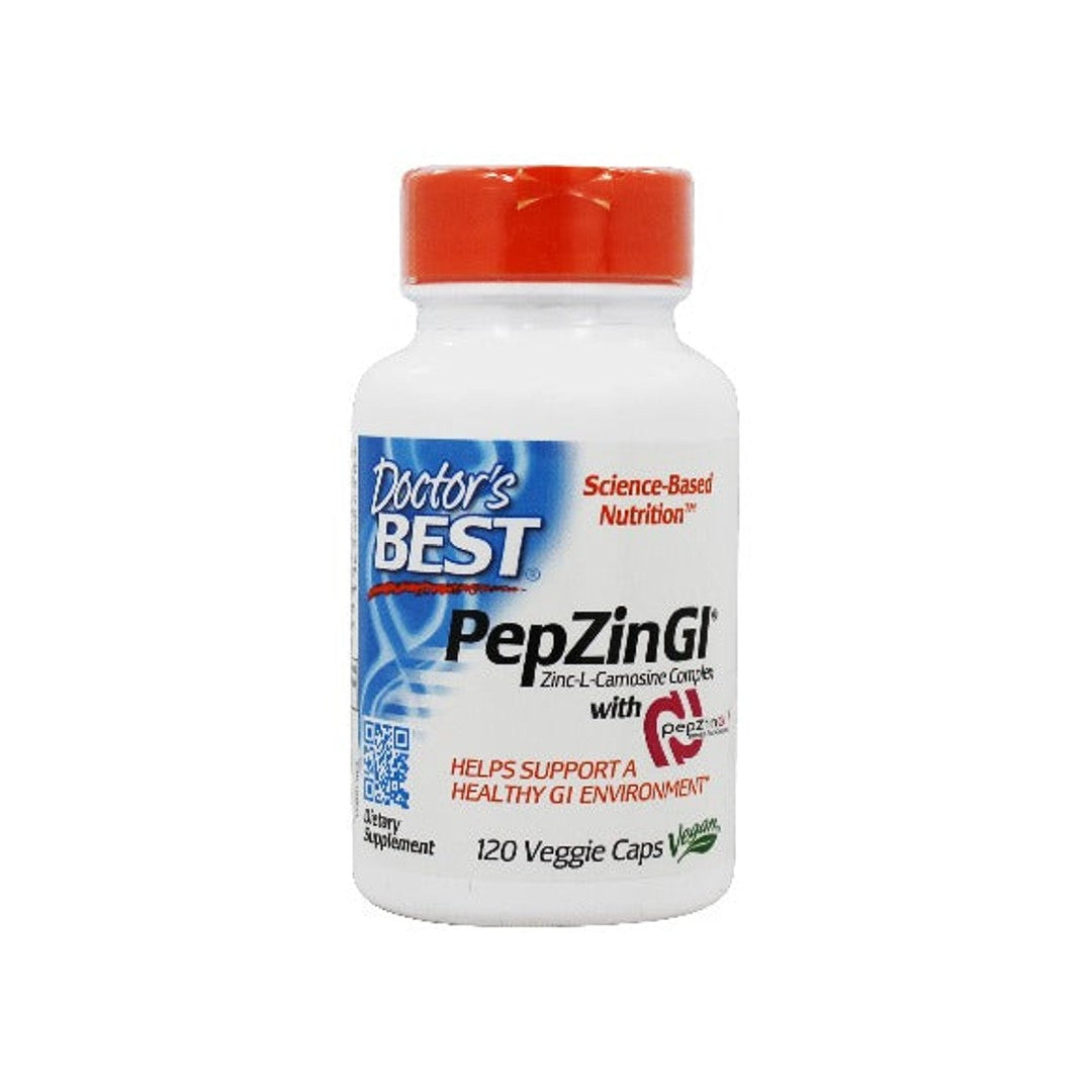 Suplemento dietético para la salud estomacal, específicamente formulado para tratar las molestias estomacales ocasionales, que contiene PepZin GI 120 cápsulas vegetales.