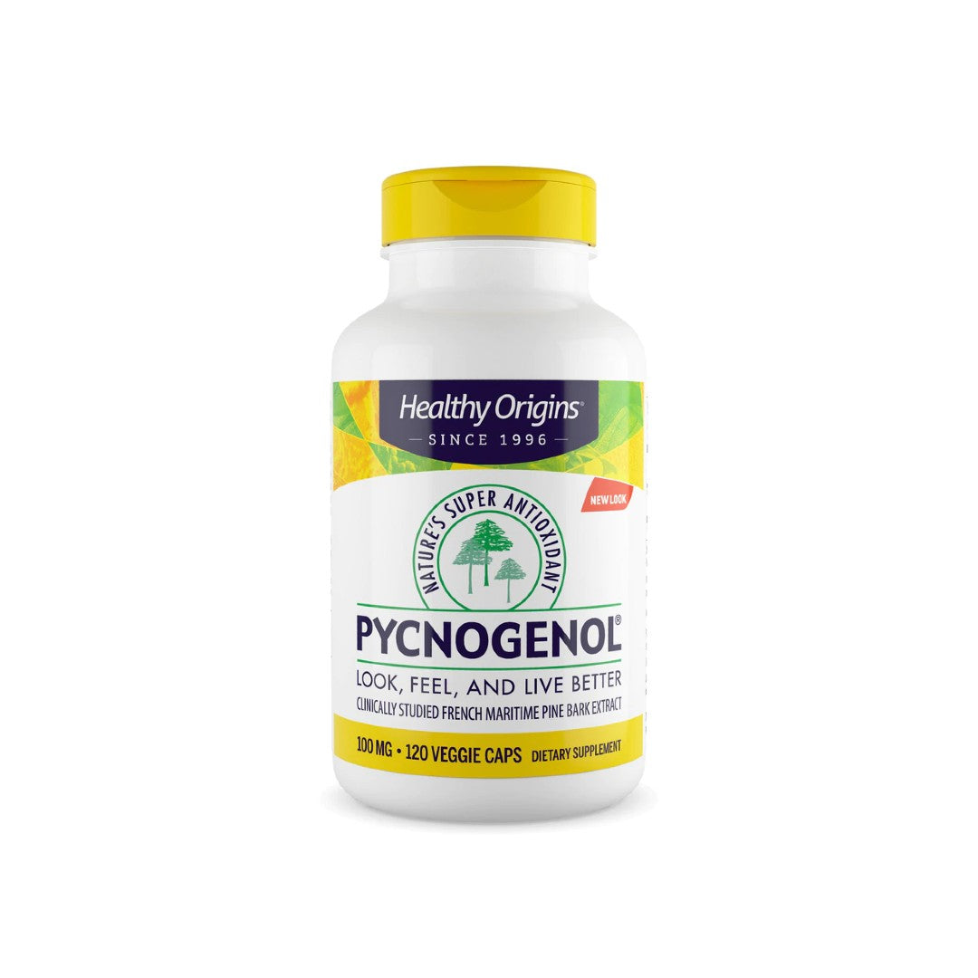 Healthy Origins Pycnogenol - 120 cápsulas vegetales para la salud cardiovascular y el apoyo antioxidante, formuladas con extracto de corteza de pino marino.