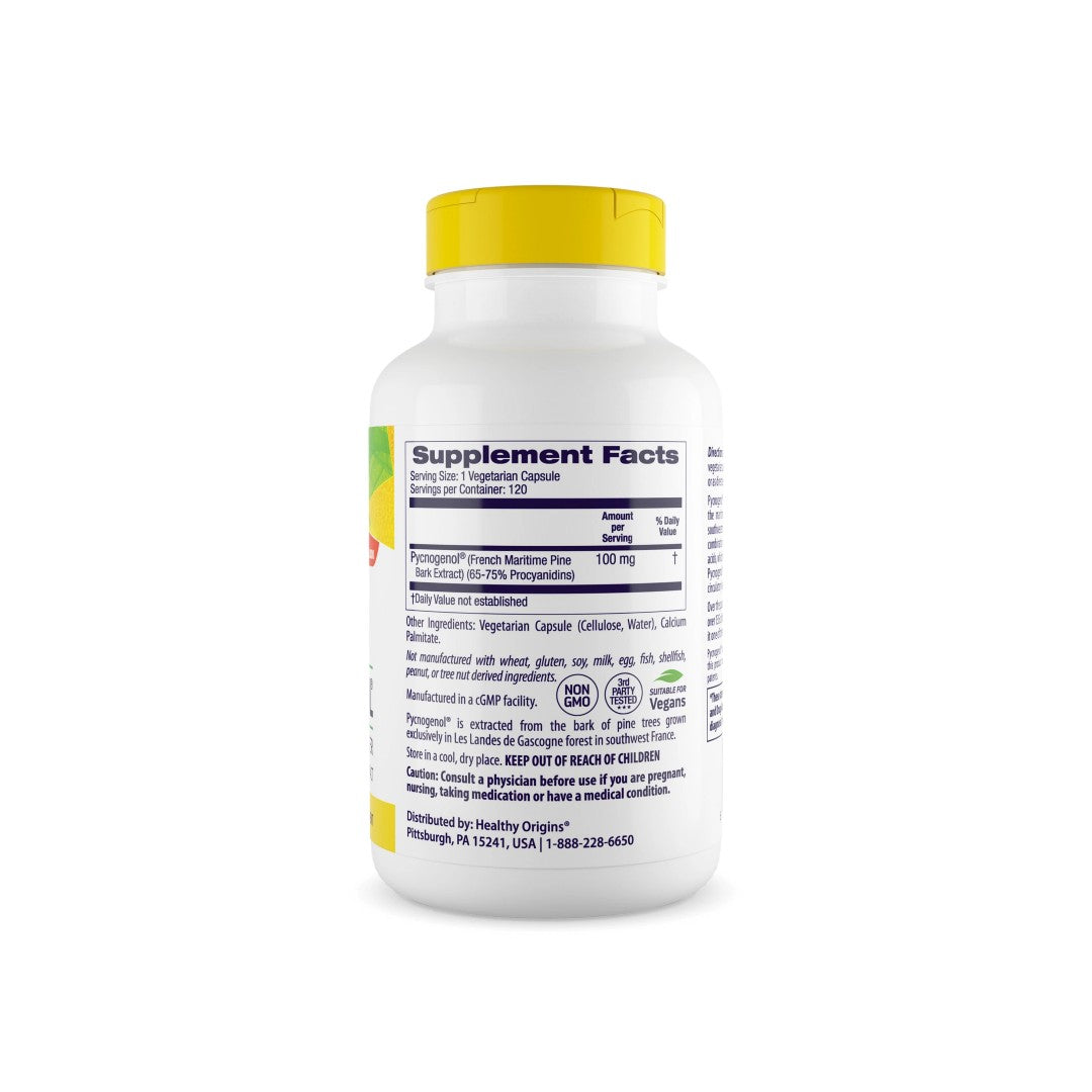 Un frasco de Healthy Origins Pycnogenol 100 mg 120 cápsulas vegetales, rico en vitamina C antioxidante, que favorece la salud cardiovascular, mostrado sobre fondo blanco.