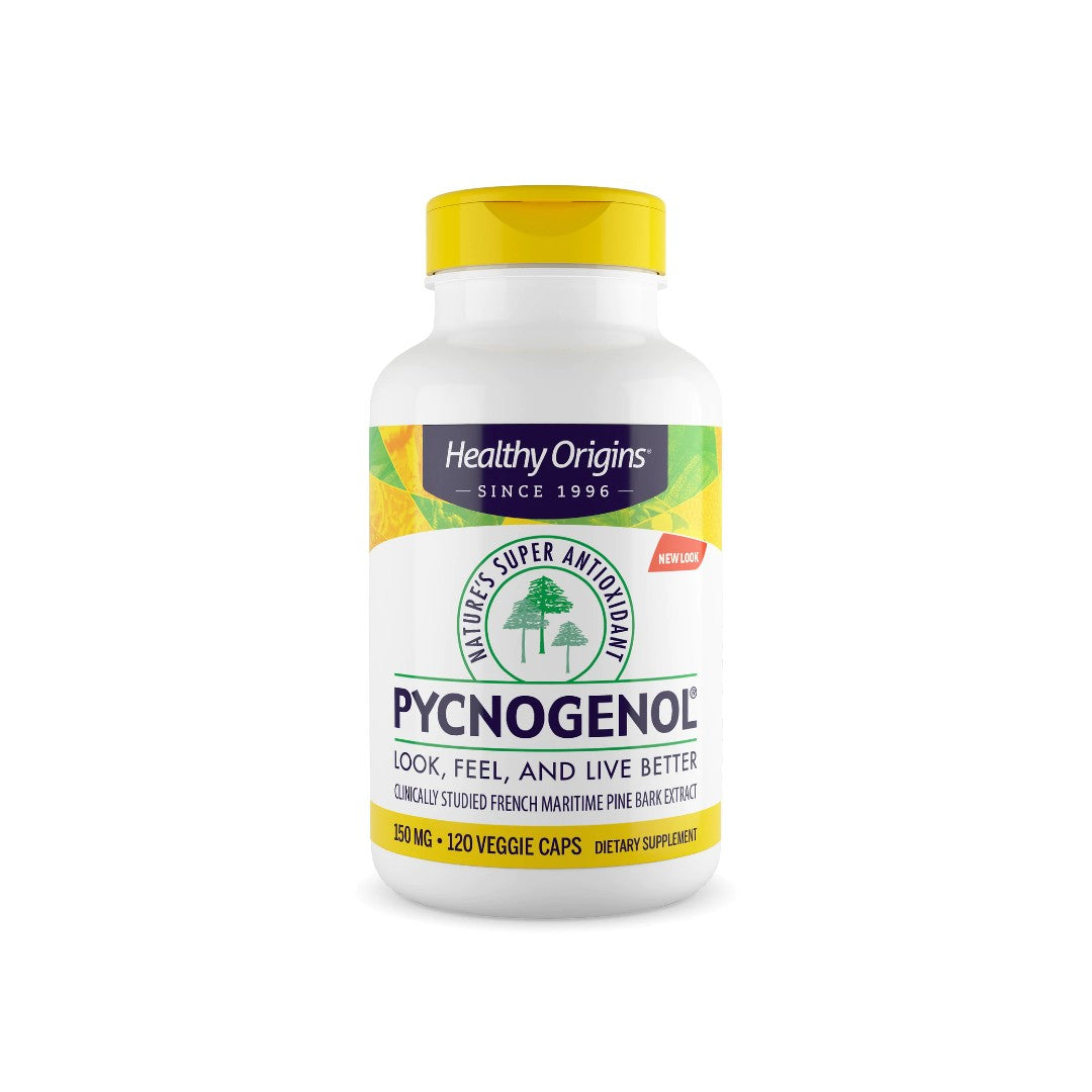 Este suplemento dietético contiene 60 cápsulas de Healthy Origins Pycnogenol 150 mg 120 cápsulas vegetales, conocido por sus propiedades antioxidantes y su impacto positivo en la salud cardiovascular.