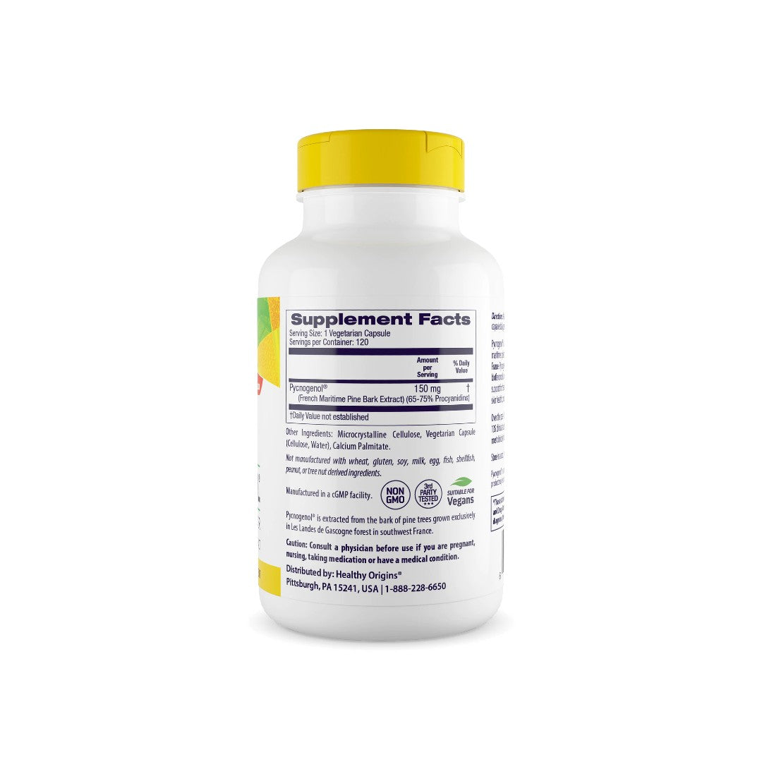 Un frasco de suplemento dietético Pycnogenol 150 mg 120 cápsulas vegetales de Healthy Origins sobre fondo blanco, que promueve la salud cardiovascular.