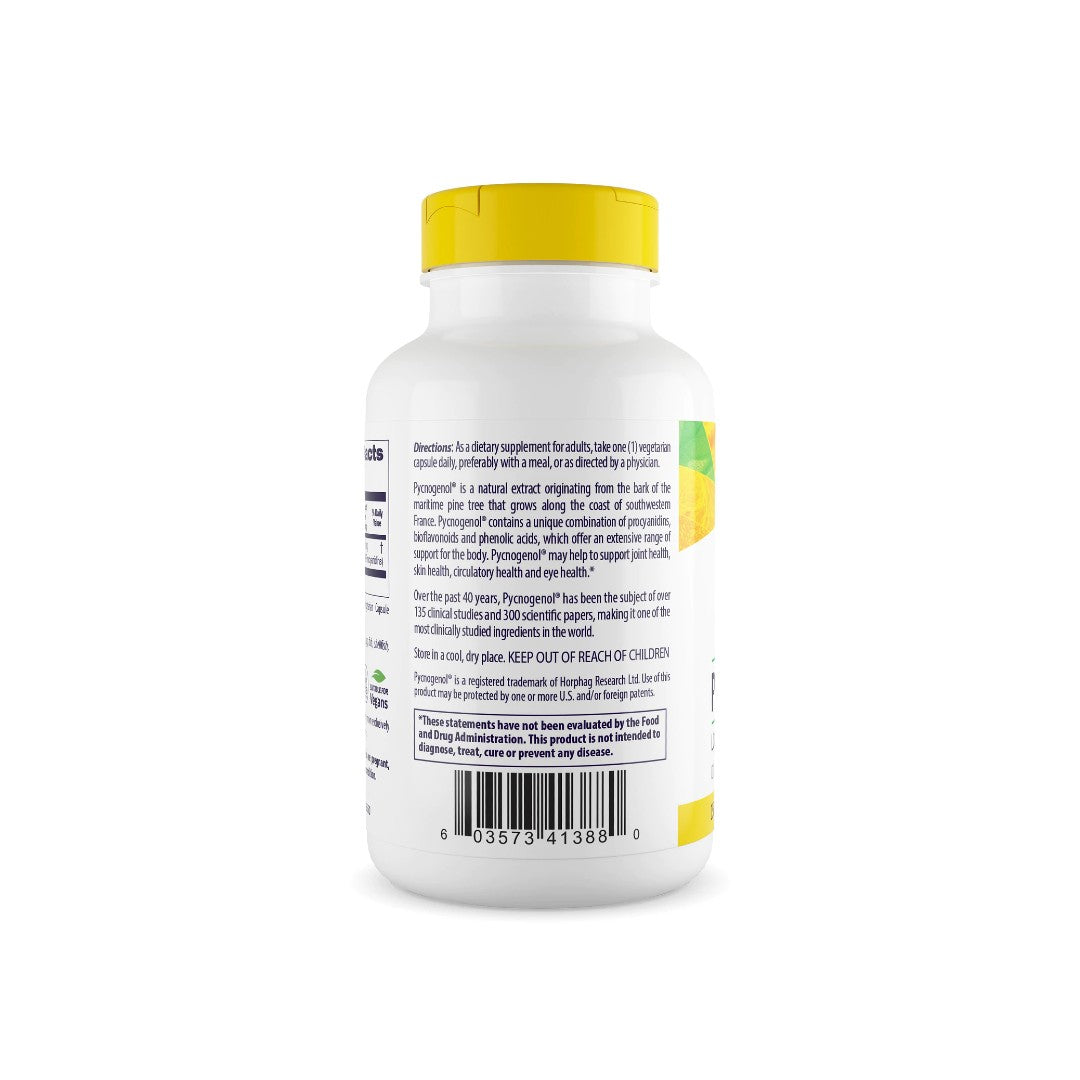 Un frasco de Healthy Origins' Pycnogenol 150 mg 120 cápsulas vegetales sobre fondo blanco.