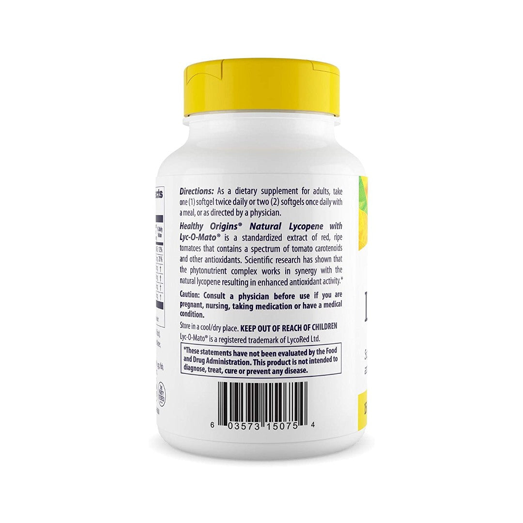 El reverso de un frasco de Lyc-O-Mato 15 mg 180 cápsulas blandas de Healthy Origins.