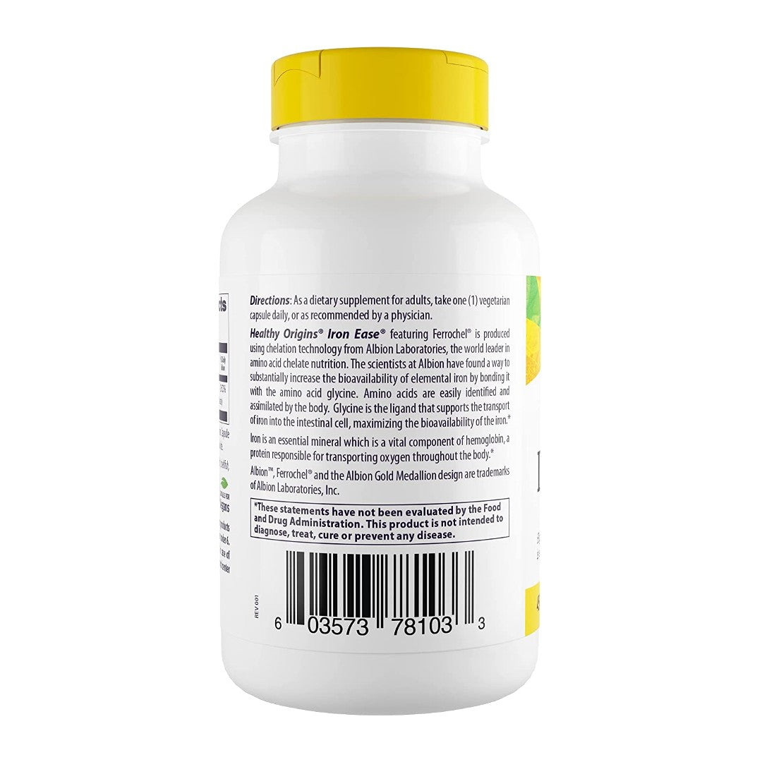 Un frasco de Iron Ease 45 mg 180 cápsulas vegetales de Healthy Origins sobre fondo blanco.