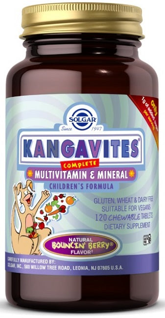 Un frasco de Solgar's Kangavites Multivitaminas y Minerales 120 Comprimidos Masticables - Sabor Bouncin' Berry.