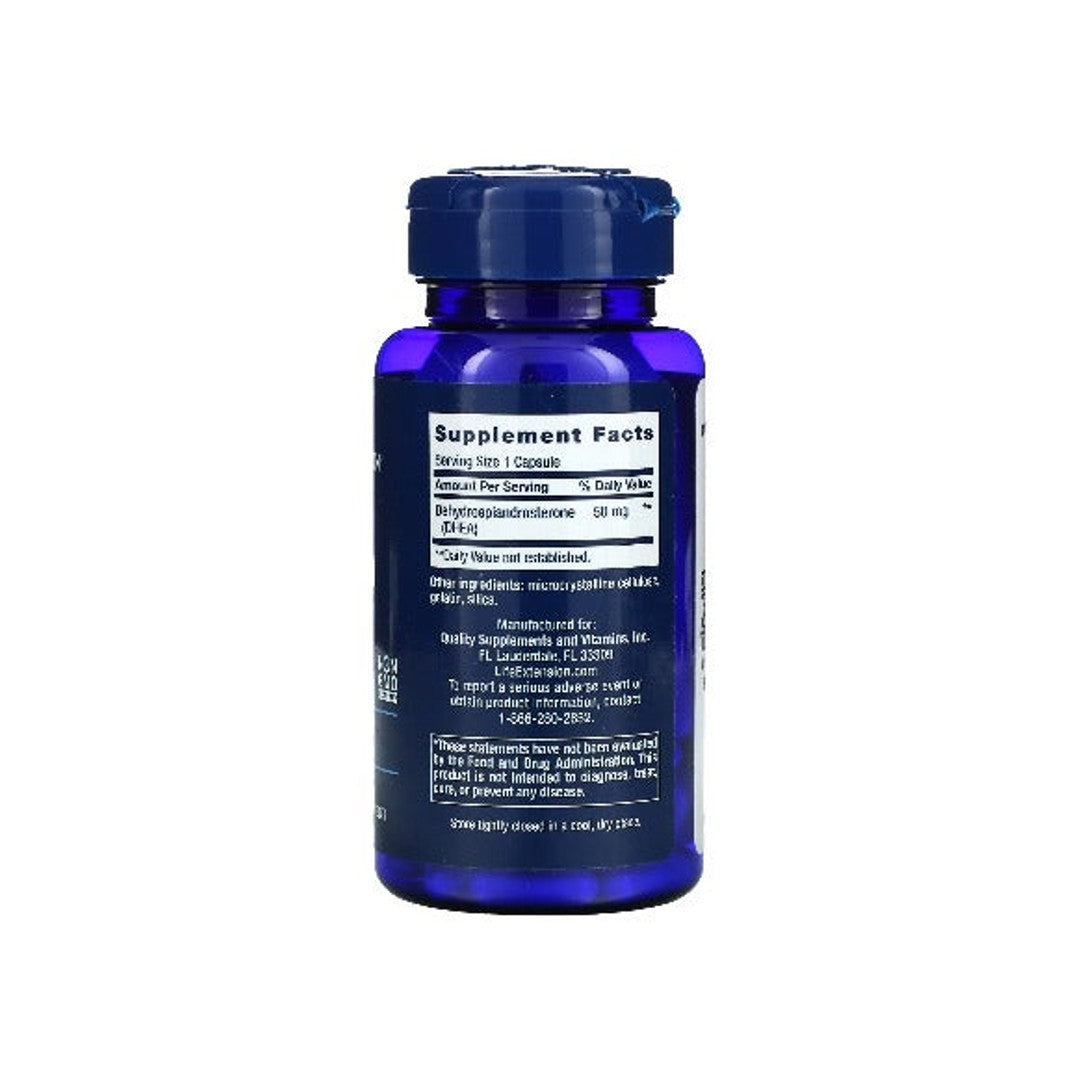 Reverso de un frasco azul de suplementos de DHEA 50 mg 60 cápsulas de Life Extension.