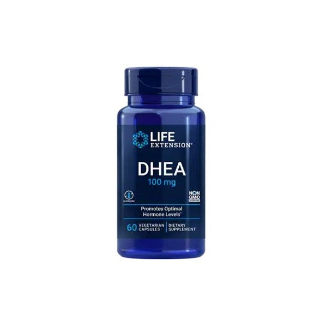 Un frasco de Life Extension DHEA 100 mg 60 cápsulas vegetales con fondo blanco.