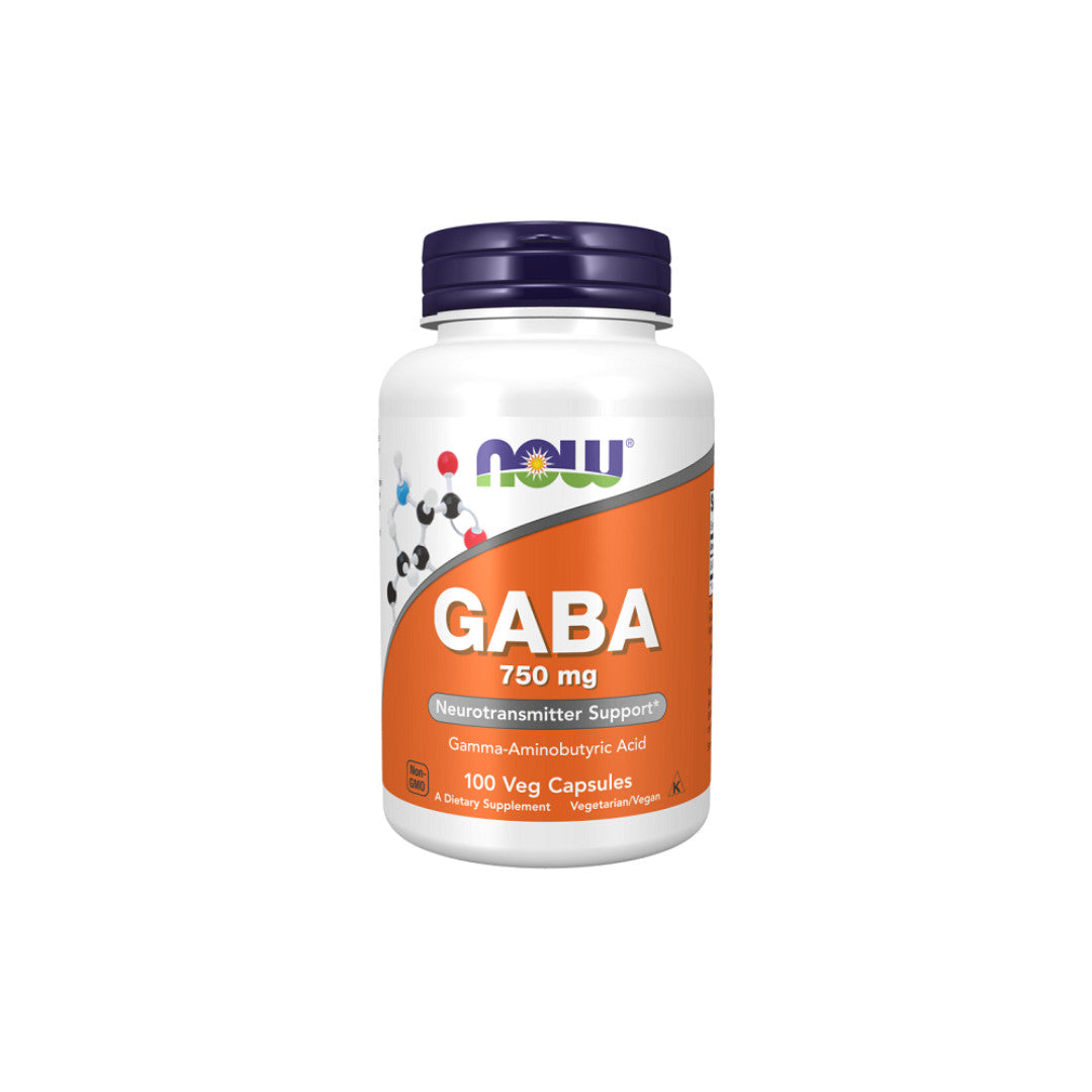 Un frasco de Now Foods GABA 750 mg 100 cápsulas vegetales.
