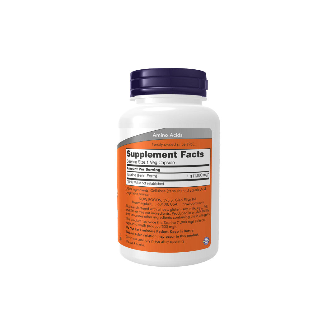A bottle of Now Foods Taurine 1000 mg 100 Vegetable Capsules, known for its heart benefits, on a white background.