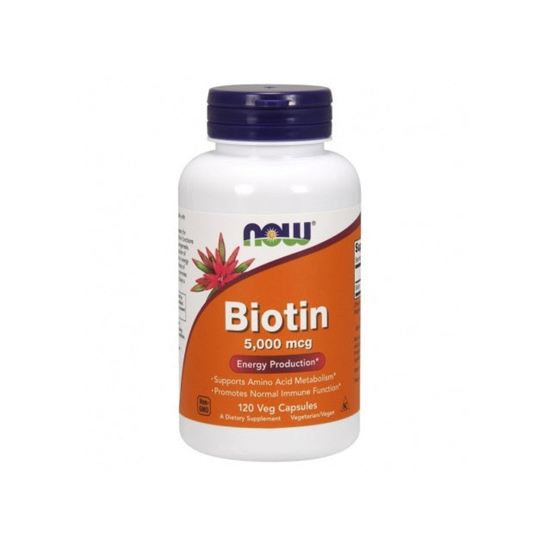 Now Foods Biotina 5000 mcg 120 cápsulas vegetales suplemento dietético.