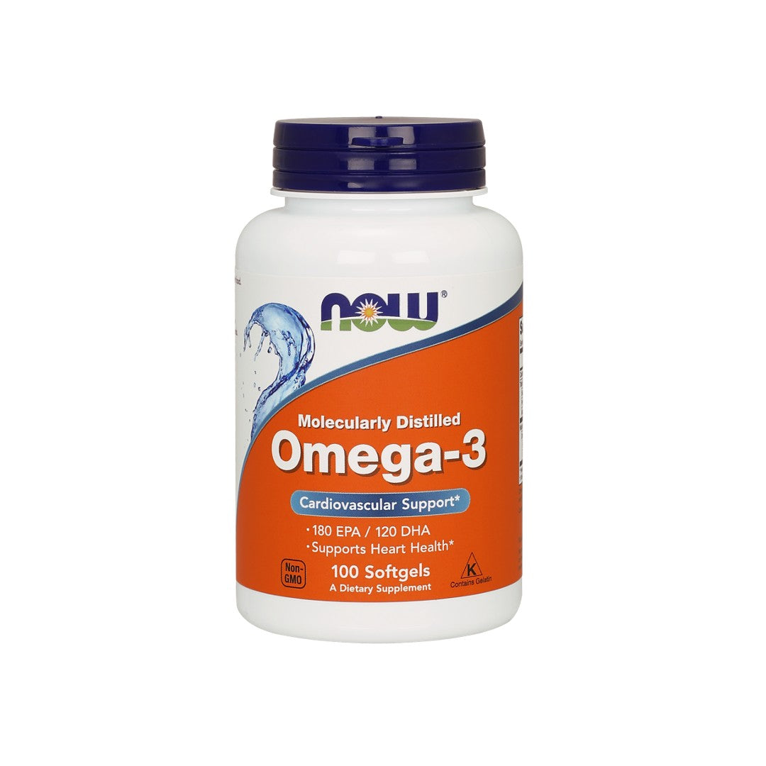 Now Foods Omega-3 180 EPA/120 DHA 100 cápsulas blandas, un potente suplemento de aceite de pescado conocido por su capacidad para favorecer la salud del corazón y reducir el riesgo de cardiopatías.