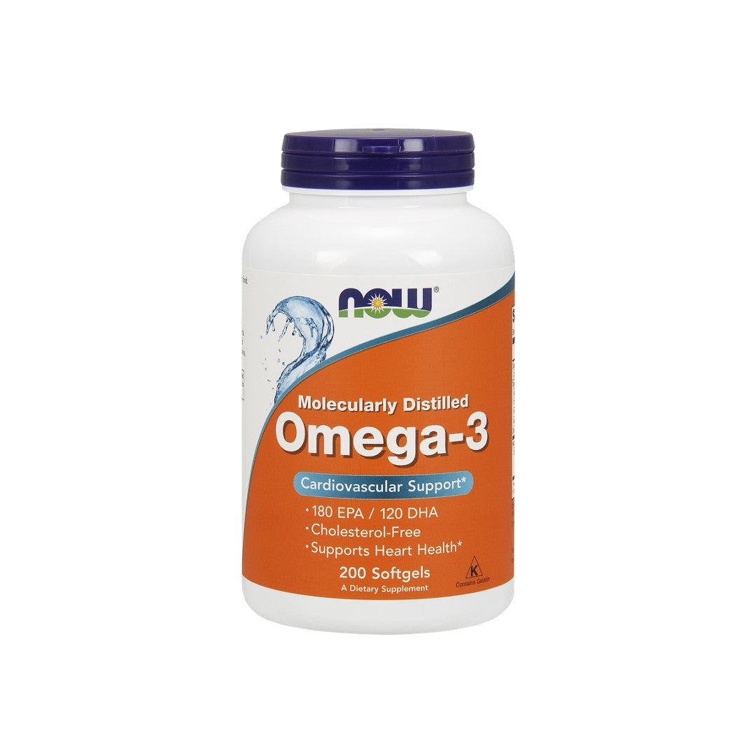 Un frasco de Now Foods Omega-3 180 EPA/120 DHA 200 softgel, que favorece la salud del corazón y la función cerebral.