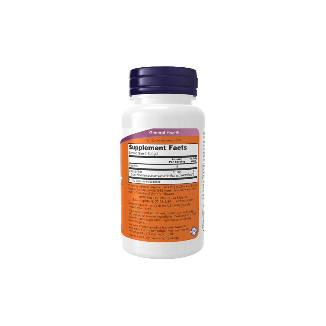 Un frasco de Now Foods Astaxanthin, Extra Strength 10 mg 60 Softgel sobre fondo blanco.