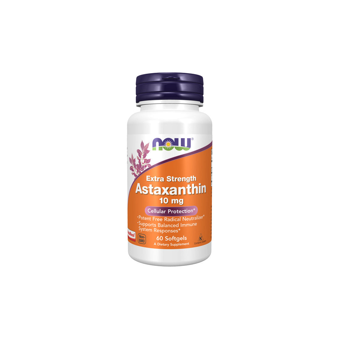 Un frasco de Now Foods Astaxanthin, Extra Strength 10 mg 60 Softgel.