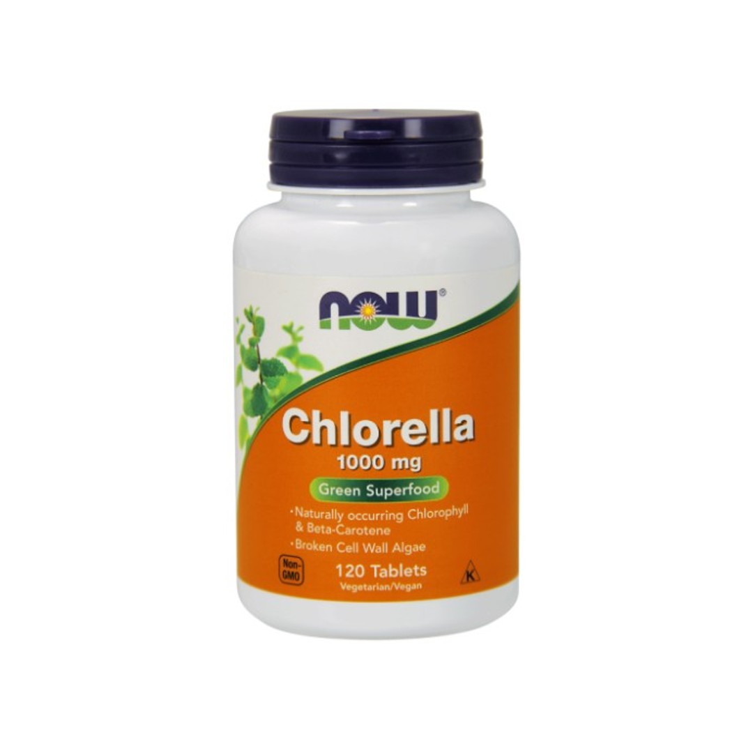 Un frasco de Now Foods Chlorella 1000 mg 120 comprimidos.