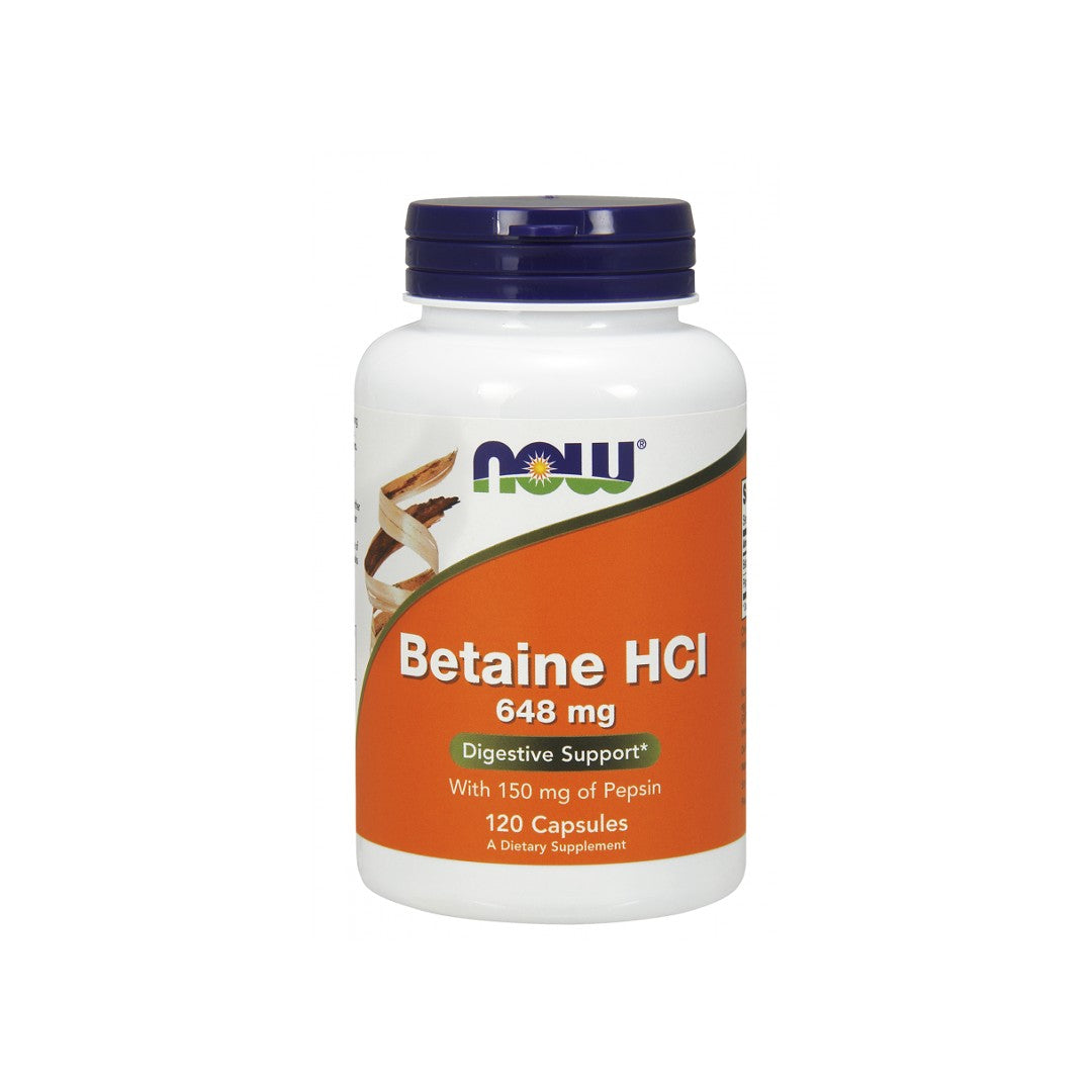 Now Foods Betaína HCI 648 mg 120 cápsulas vegetales, un complemento alimenticio.