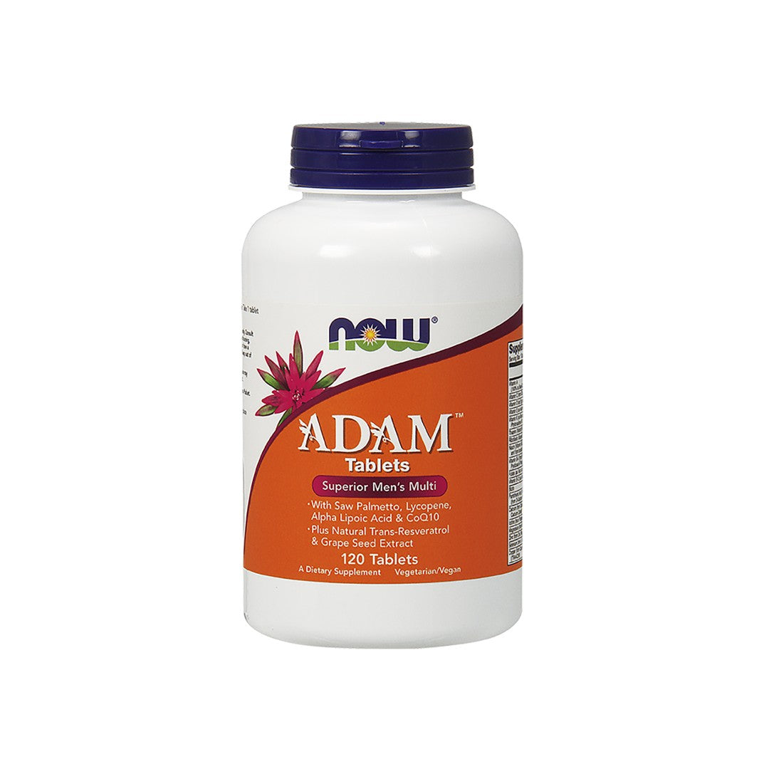 Un frasco de Now Foods ADAM Multivitaminas y Minerales para el Hombre 120 comprimidos vegetales.
