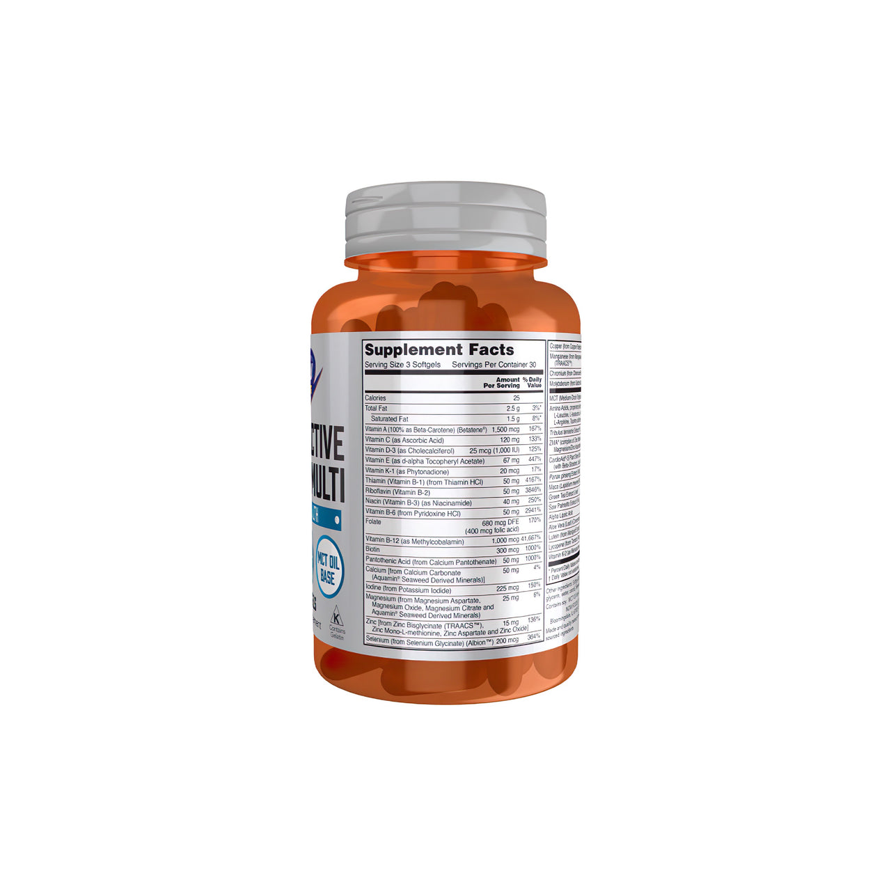 Un frasco de Men's Active Sports Multi 180 Softgels de Now Foods sobre fondo blanco.