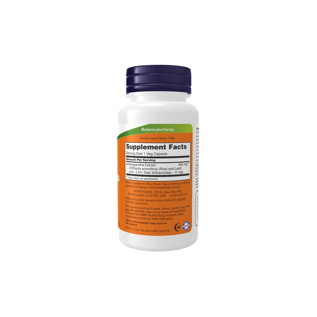 Un frasco de Ashwagandha Extract 450 mg 180 Vegetable Capsules de Now Foods sobre fondo blanco.