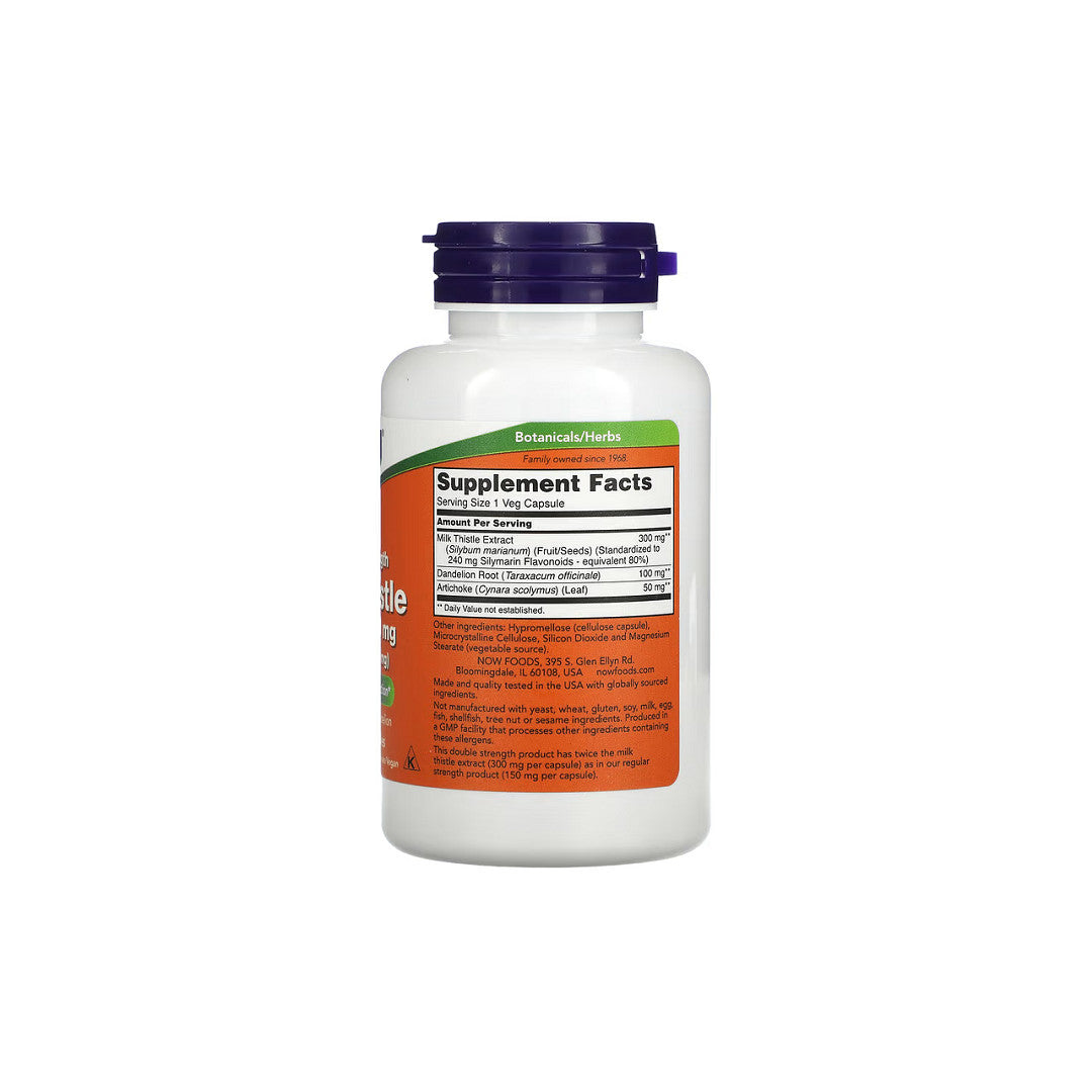 Un frasco de Now Foods Cardo mariano 300 mg Silimarina 200 cápsulas vegetales sobre fondo blanco.
