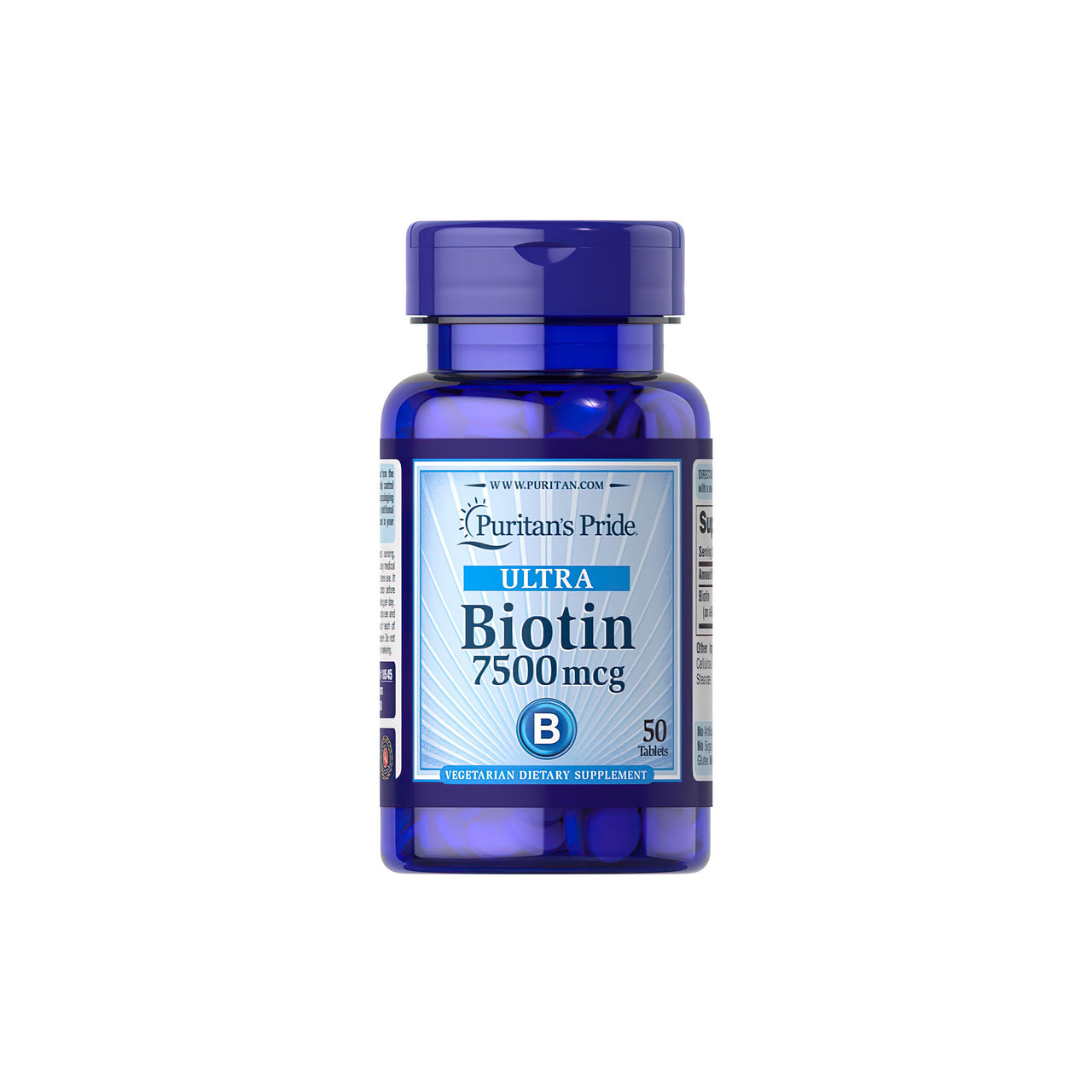 Un frasco de suplemento dietético de Puritan's Pride Biotin 7.5 mg 50 Comprimidos con fondo blanco.