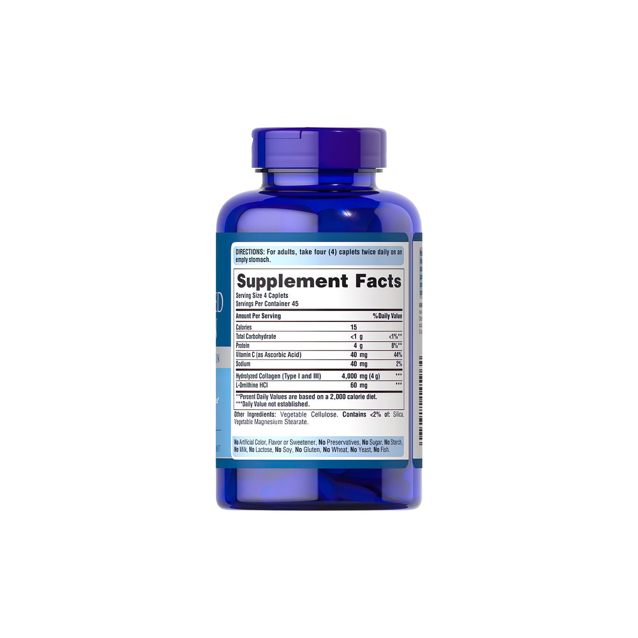 Un frasco de Puritan's Pride Colágeno hidrolizado 1000 mg 180 cápsulas con etiqueta azul.