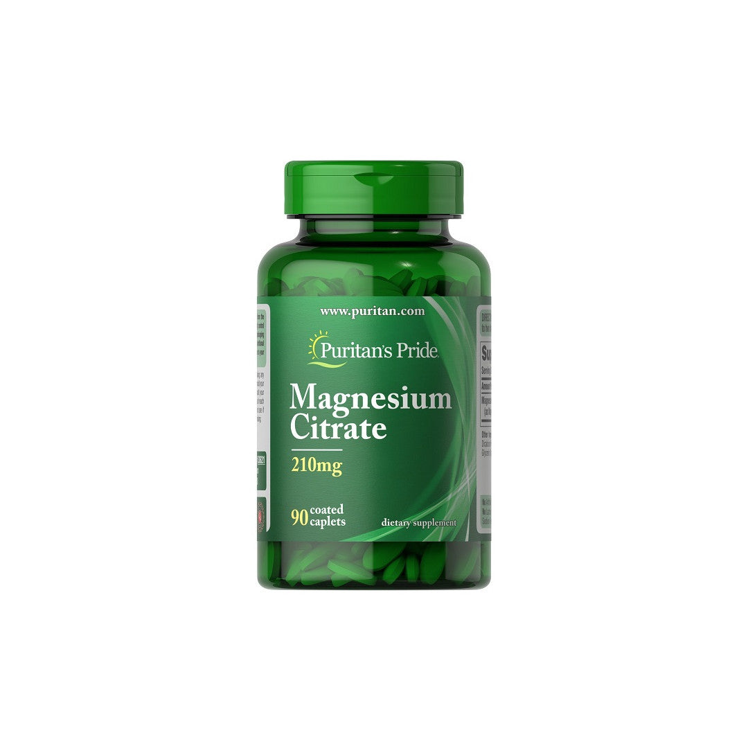Un frasco de Puritan's Pride Citrato de magnesio 210 mg 90 cápsulas recubiertas.