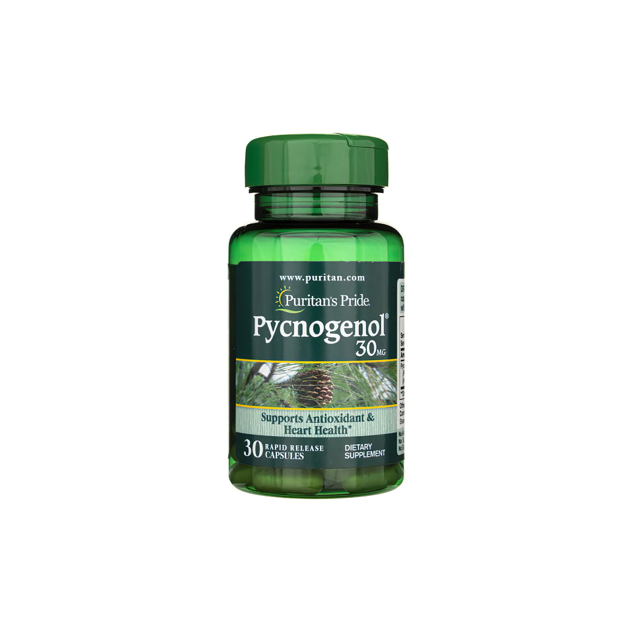 Un frasco de Pycnogenol 30 mg 30 Cápsulas de liberación rápida con extracto de pino marítimo francés de Puritan's Pride.