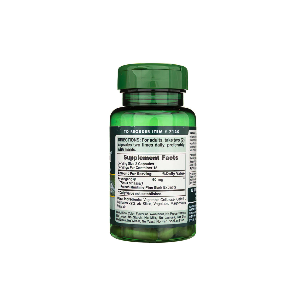 Un frasco de Pycnogenol 30 mg 30 Cápsulas de liberación rápida de Puritan's Pride con proantocianidos flavonoides.