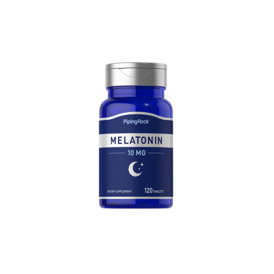 Un frasco de PipingRock Melatonina 10 mg 120 comp. para dormir.