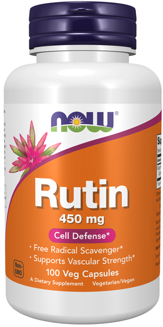 Un frasco de Now Foods Rutina 450 mg 100 Cápsulas vegetales, un bioflavonoide que favorece los capilares y la defensa celular.