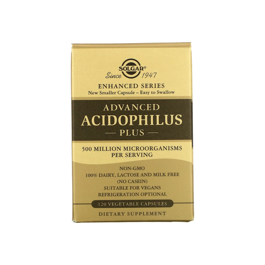 Una caja de Solgar's Advanced Acidophilus Plus 120 cápsulas vegetales.
