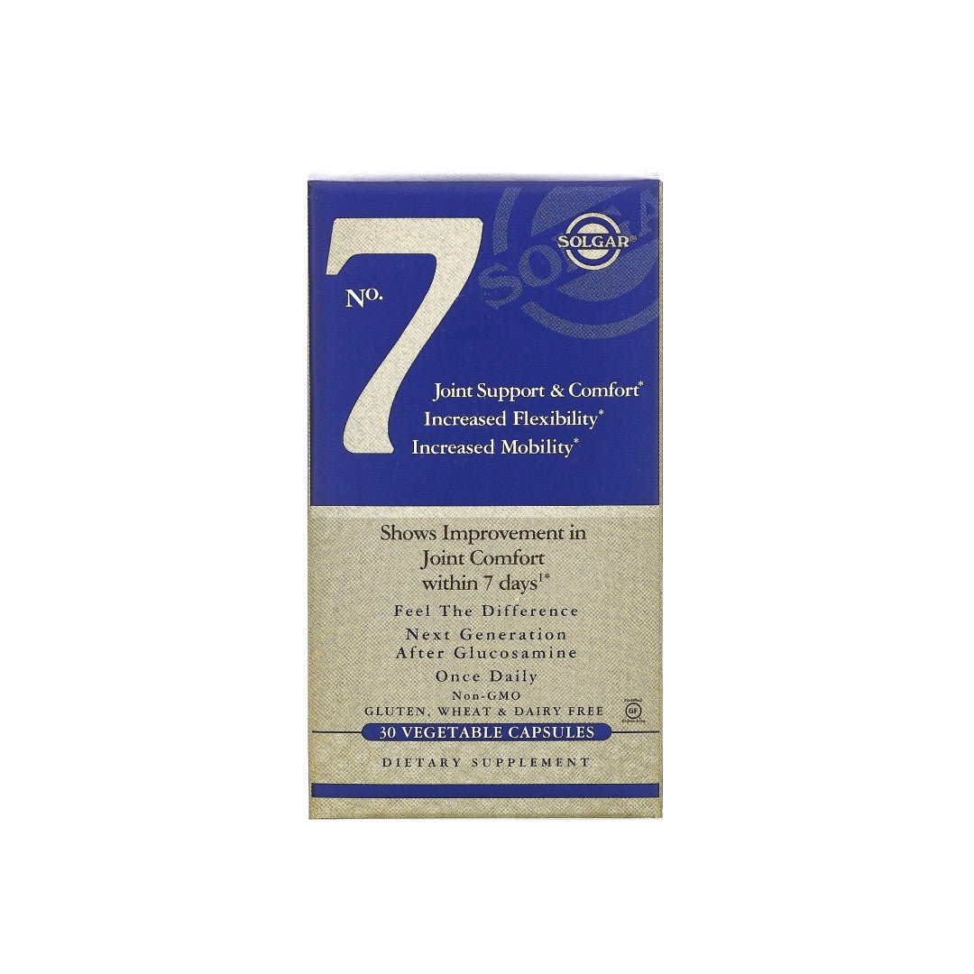 Una caja azul con el número 7, en la que se muestra No. 7 Joint Support & Comfort 30 cápsulas vegetales y Solgar's flexibilidad y confort articular.