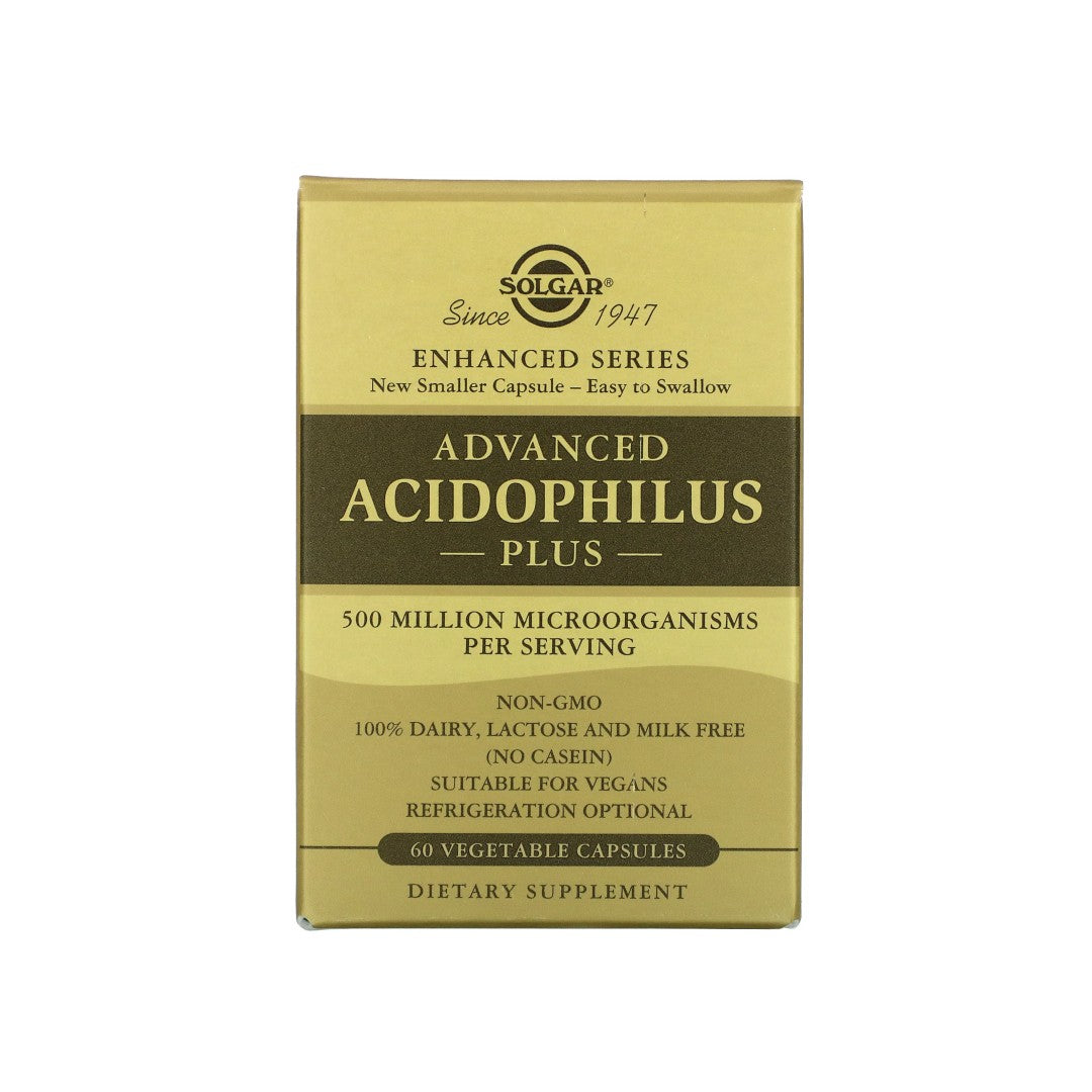 Una caja de Solgar's Advanced Acidophilus Plus 60 cápsulas vegetales.