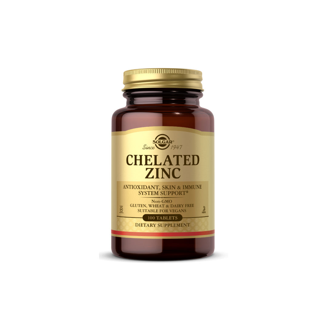A bottle of Solgar Zinc Chelated 22 mg 100 Tablets, specifically formulated for daily wellness and immune health, showcased on a crisp white background.