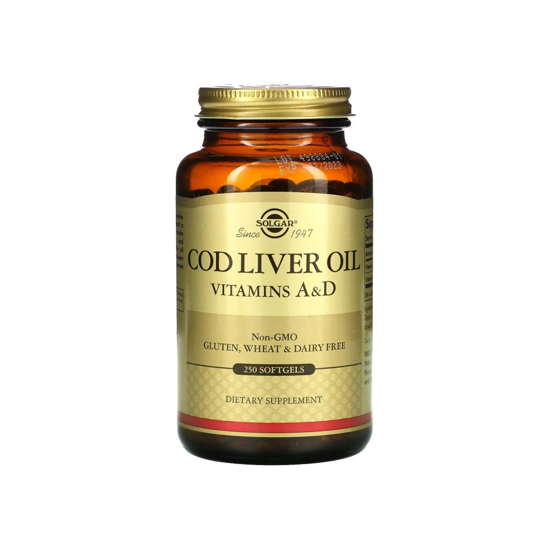 Un frasco de Solgar Cod Liver Oil Sftgels Vitamin A & D 250 softgel ad.