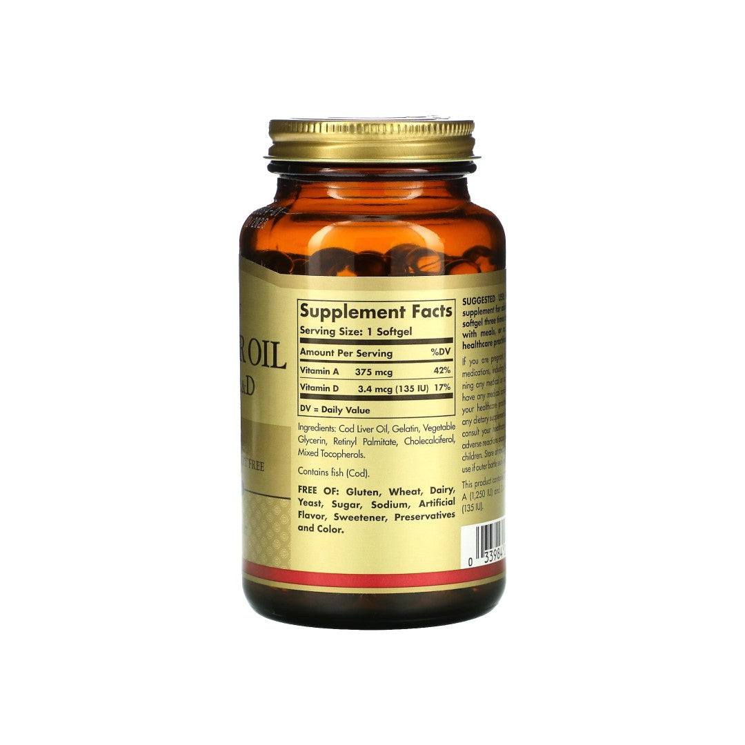 Una botella de Solgar Cod Liver Oil Softgels Vitamin A & D 250 softgel sobre fondo blanco.