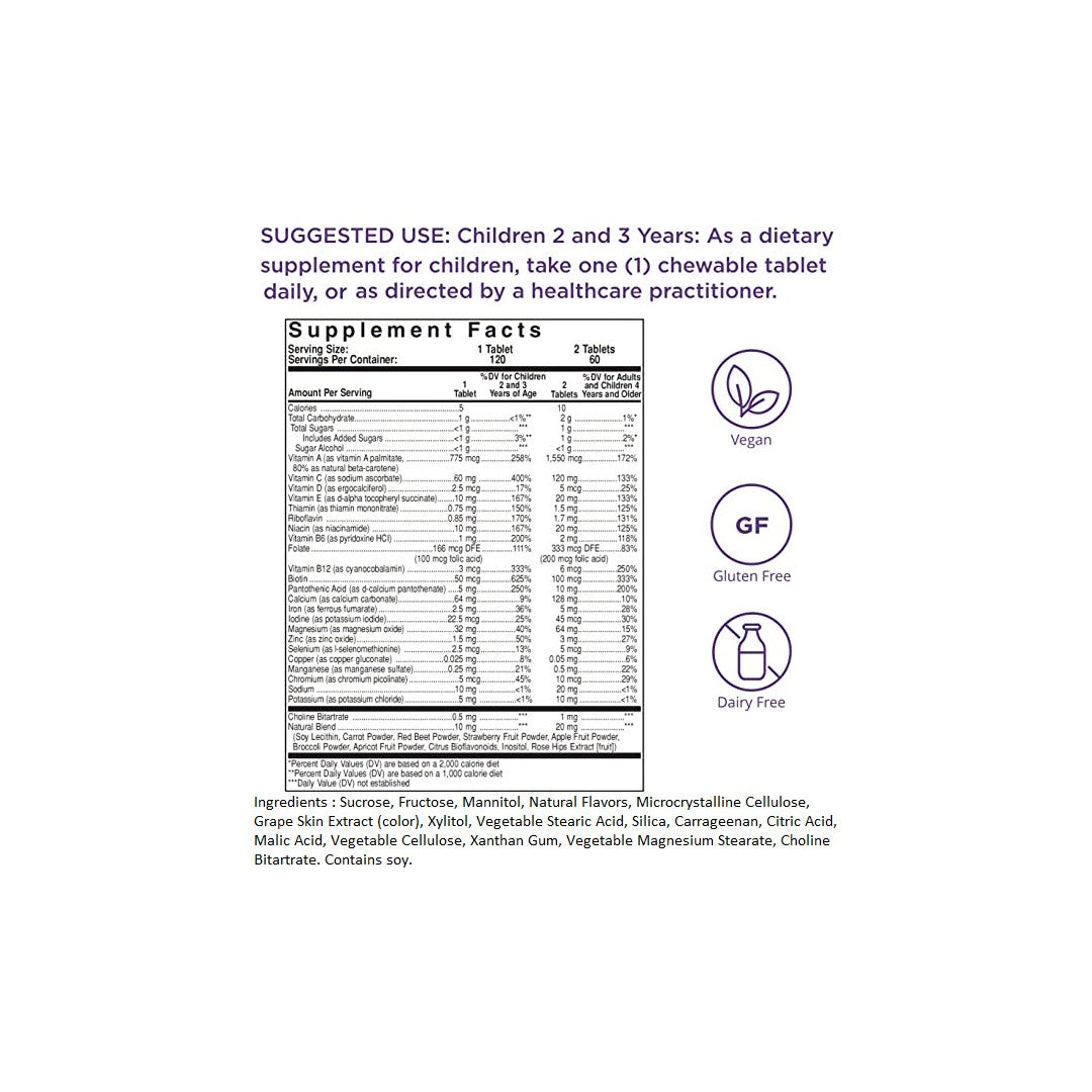 Etiqueta nutricional de Solgar's Kangavites Multivitaminas y Minerales 120 Comprimidos Masticables - Sabor Bouncin' Berry con fondo morado.