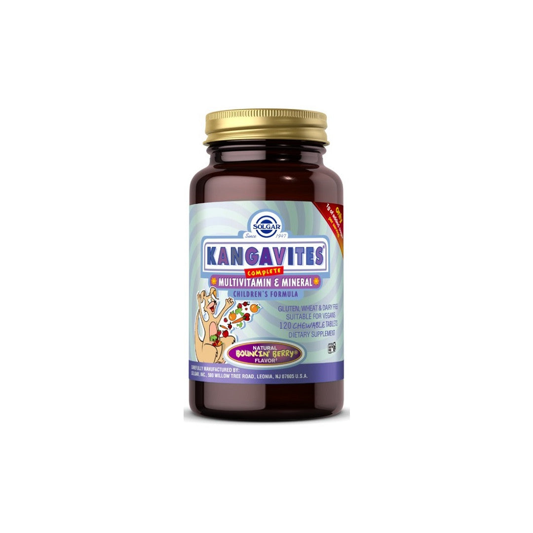 Un bote de Kangavites Multivitaminas y Minerales 120 Comprimidos Masticables - Sabor Bouncin' Berry de Solgar sobre fondo blanco.