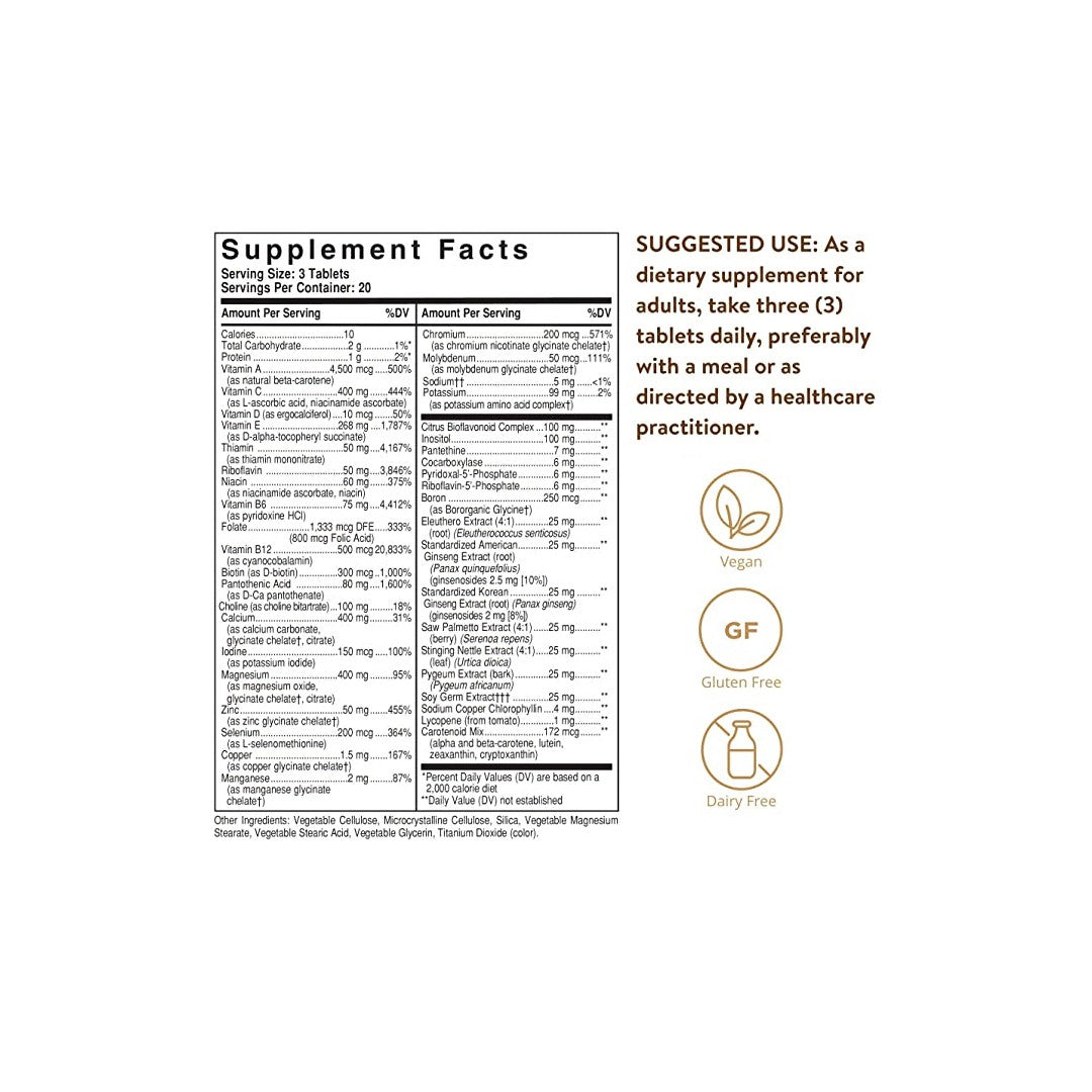 Etiqueta que muestra los ingredientes del suplemento Solgar's Male Multiple Multivitamins & Minerals for Men 120 Tablets.
