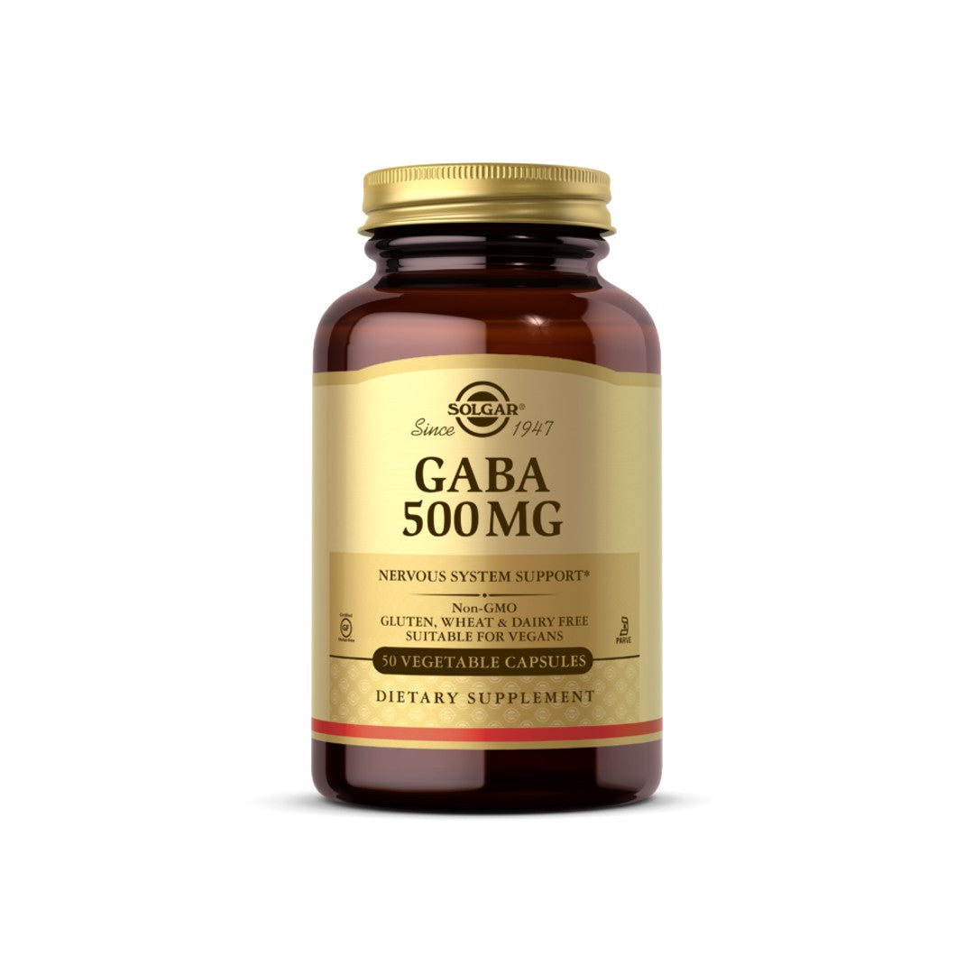 Un frasco de Solgar GABA 500 mg 100 cápsulas vegetales.