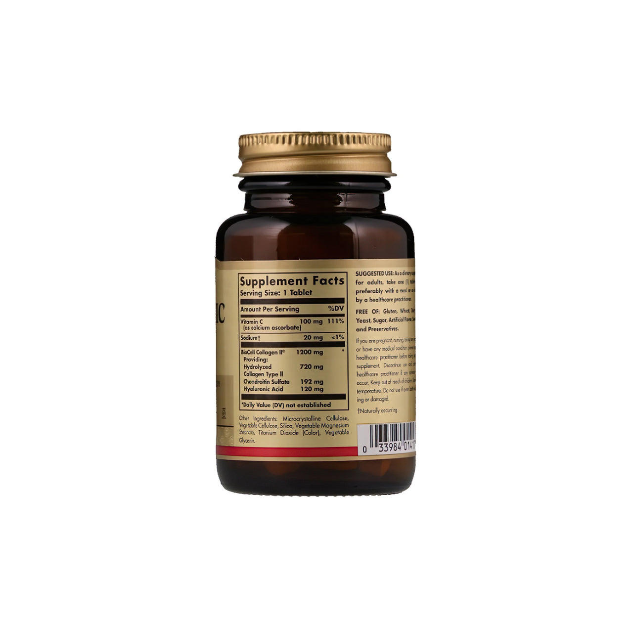 Un frasco de Solgar Suplemento de ácido hialurónico 120 mg 30 comp. sobre fondo blanco.
