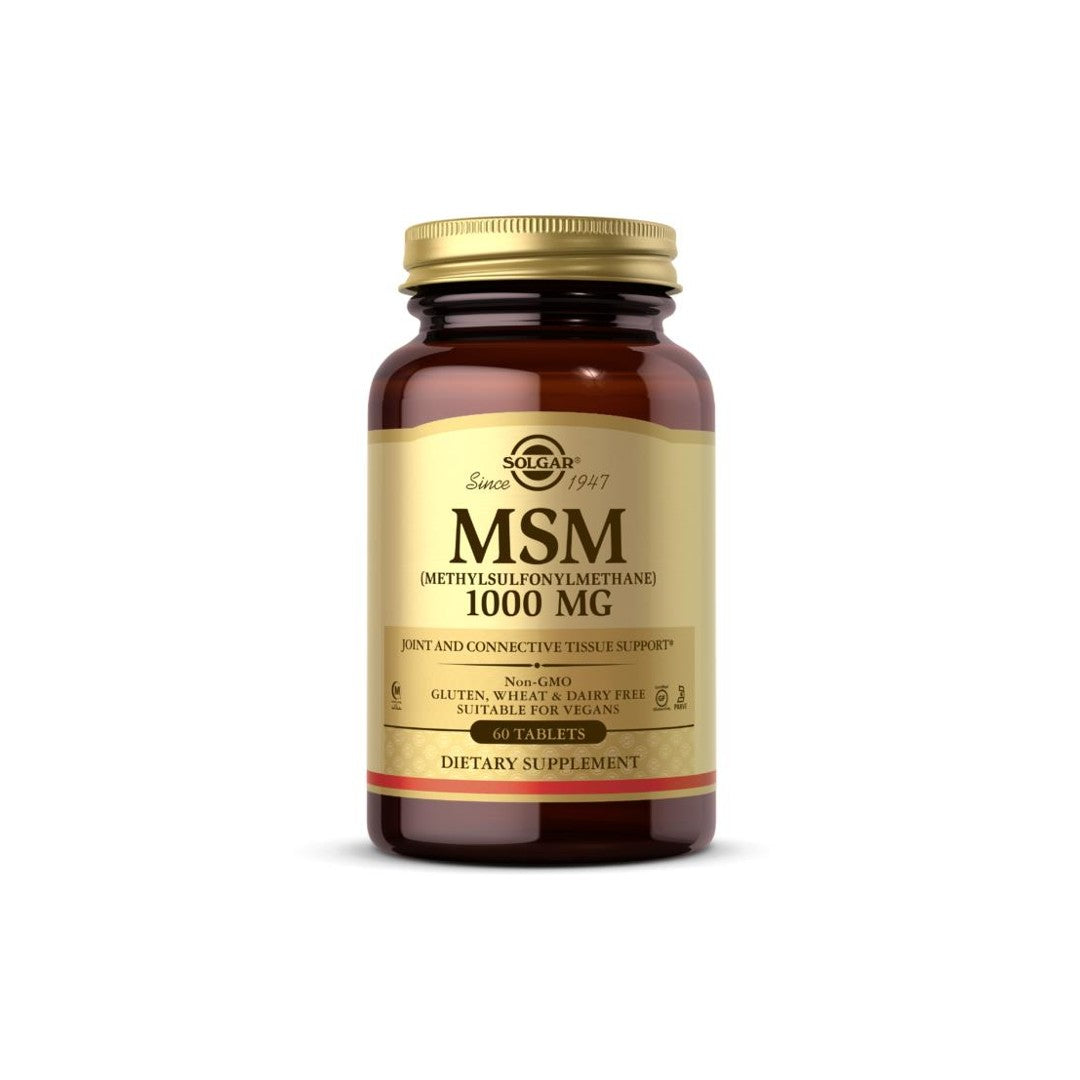 Solgar Comprimidos de 1000 mg de MSM para mejorar la movilidad articular y la inflamación sobre fondo blanco.