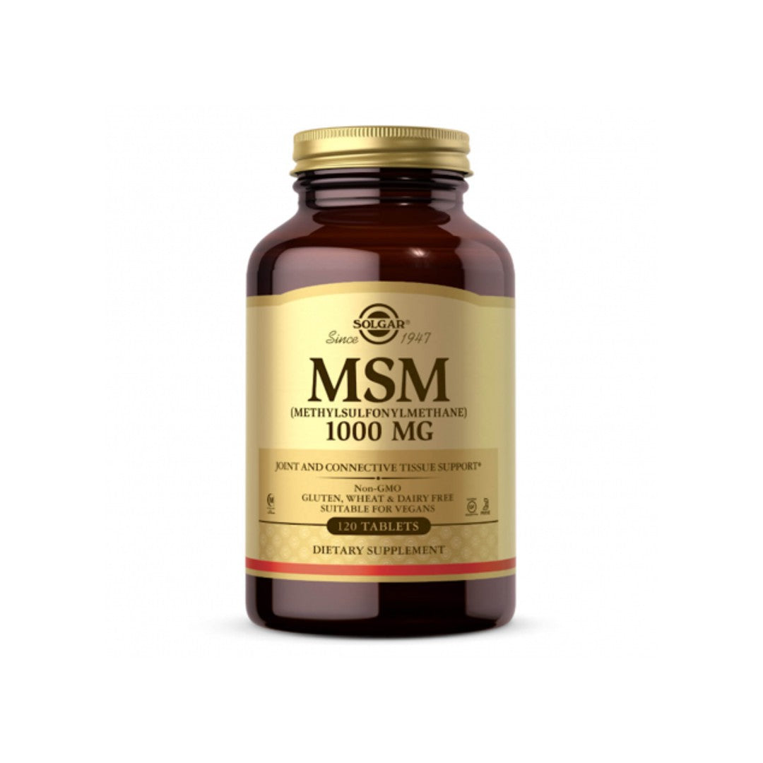 Un frasco de Solgar MSM 1000 mg 120 comprimidos, un suplemento conocido por su eficacia para mejorar la movilidad articular y reducir la inflamación, colocado sobre un fondo blanco limpio.