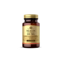 Miniatura de Solgar Niacina Vitamina B-3 100mg cápsulas recubiertas sobre fondo blanco para la salud del sistema nervioso.