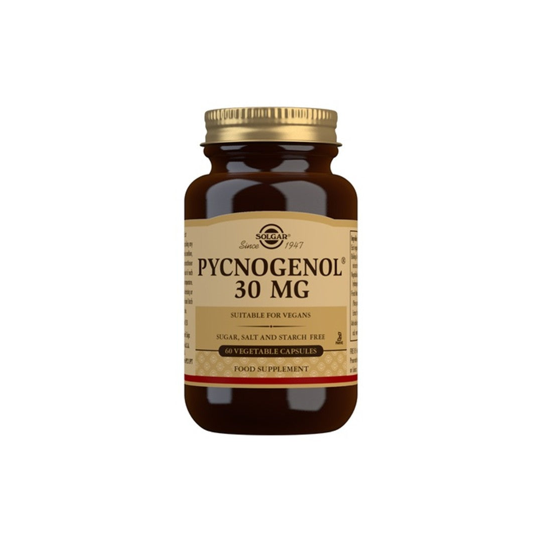 Un frasco de Solgar Pycnogenol 30 mg 60 cápsulas vegetales sobre fondo blanco, que promueve la salud cerebral.